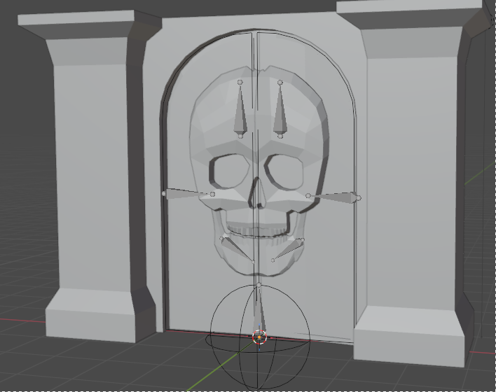 The images shows a 3dmodel of a two part door that has a big skull as decoration on it. You can als see some rigging for it